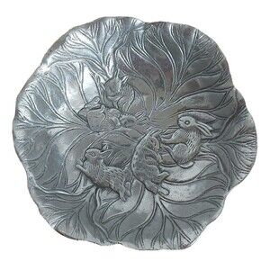 Vintage Cast Aluminum Bunny Bowl Cabbage Leaves 8" Rabbit Easter